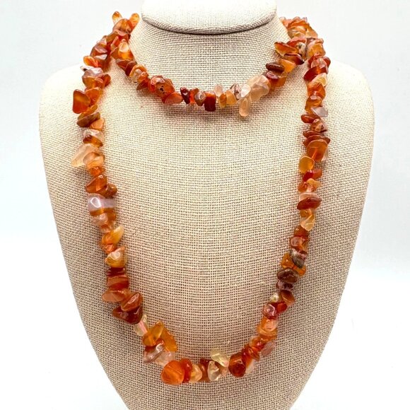VTG Natural Carnelian Tumbled Freeform Bead Necklace Orange Yellow Gemstone 34" - Picture 1 of 7